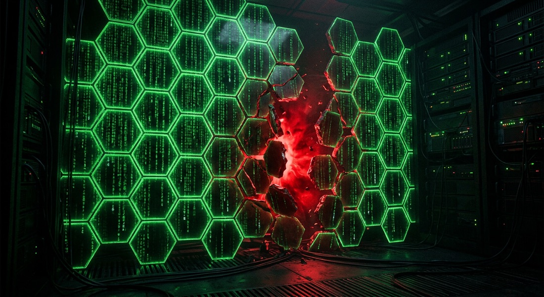 A glowing firewall barrier of hexagonal code plates, cracked in the middle with red light bleeding through, in a dark server room
