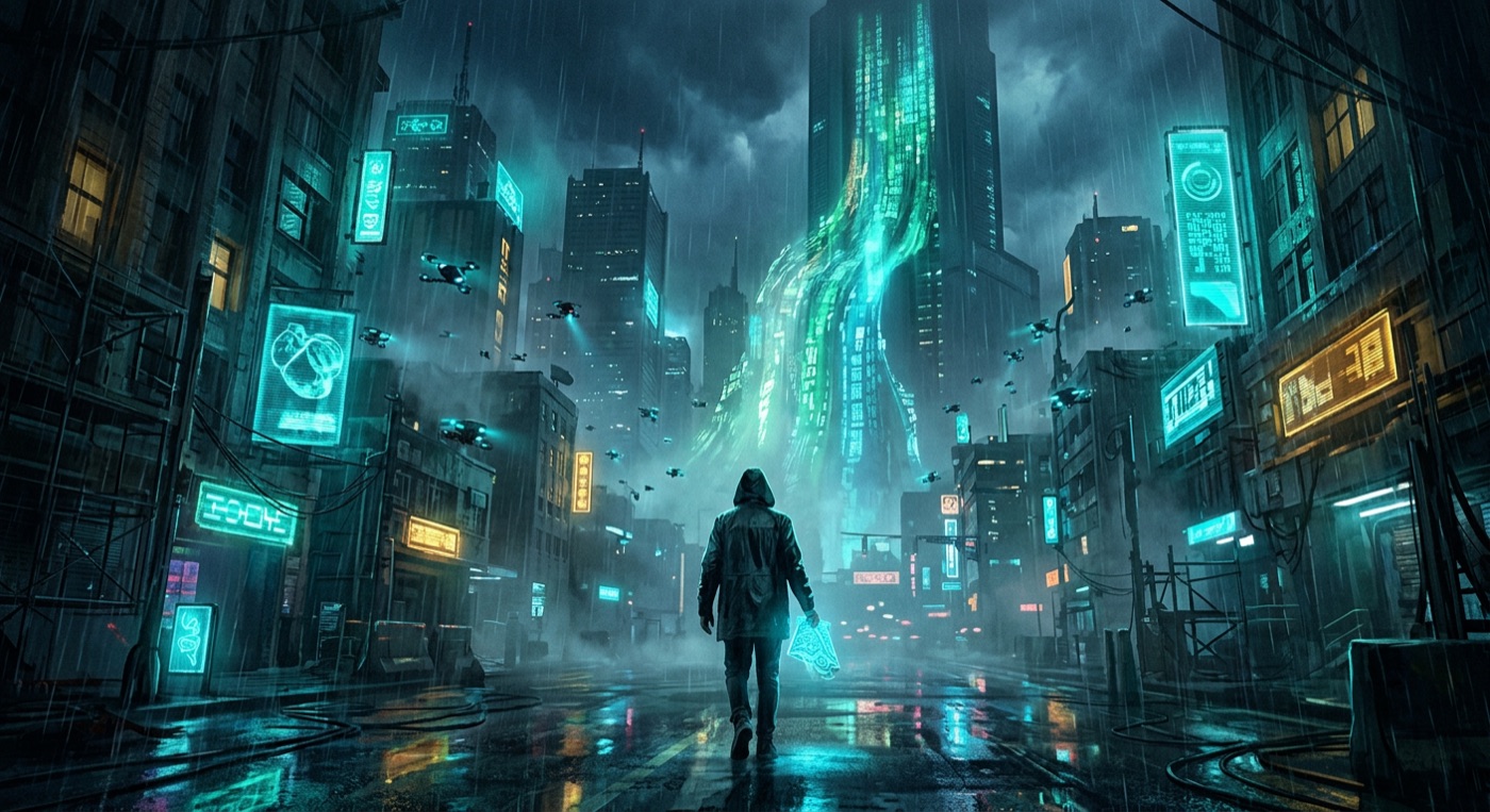 A rain-soaked cyberpunk street at night, a lone hooded figure holding a glowing data shard, surveillance drones in the fog, neon signs reflecting on wet pavement