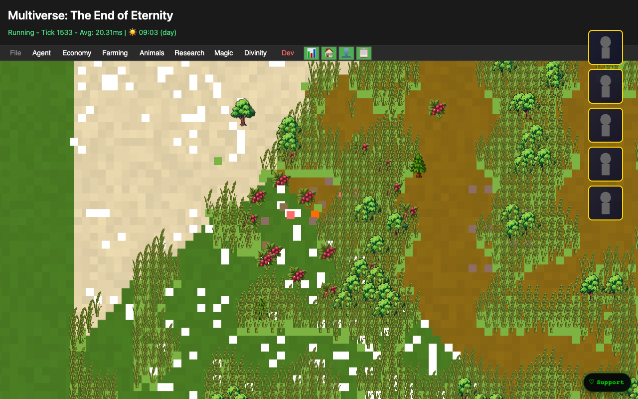 Multiverse: The End of Eternity — a living village world running in real time with biomes, agents and system HUD