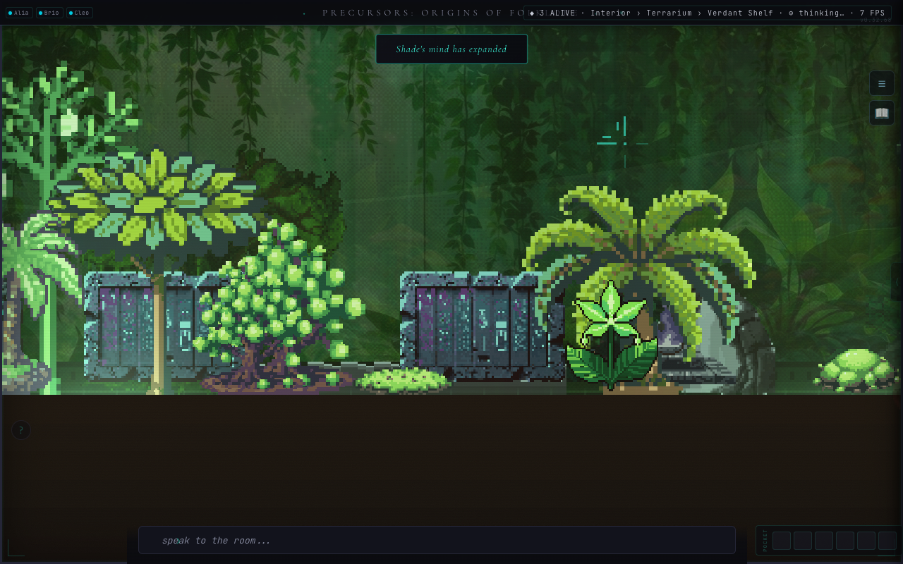 Precursors: Origins of Folklore — live gameplay in a lush biome with creatures and ship structures